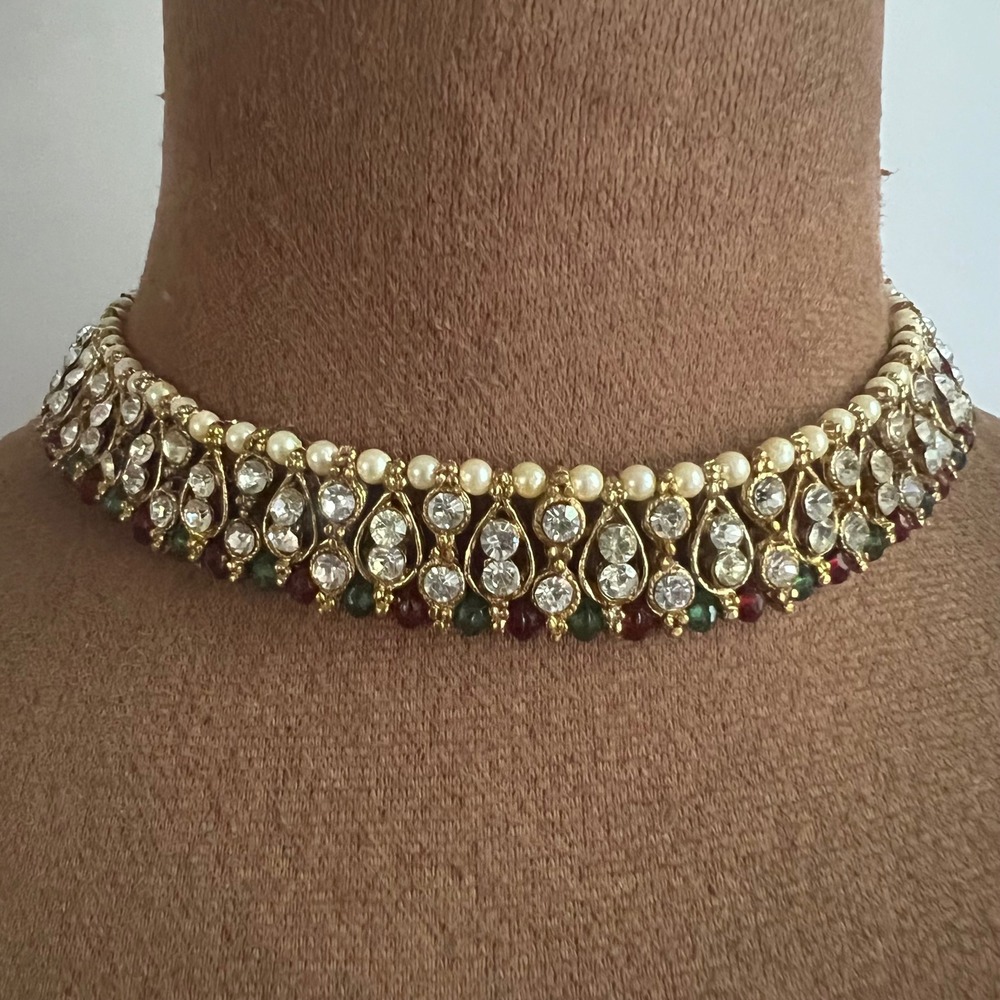 Vtg Gold Tone Faux Pearl Crystal Kundan Style Choker Necklace 14" Regencycore